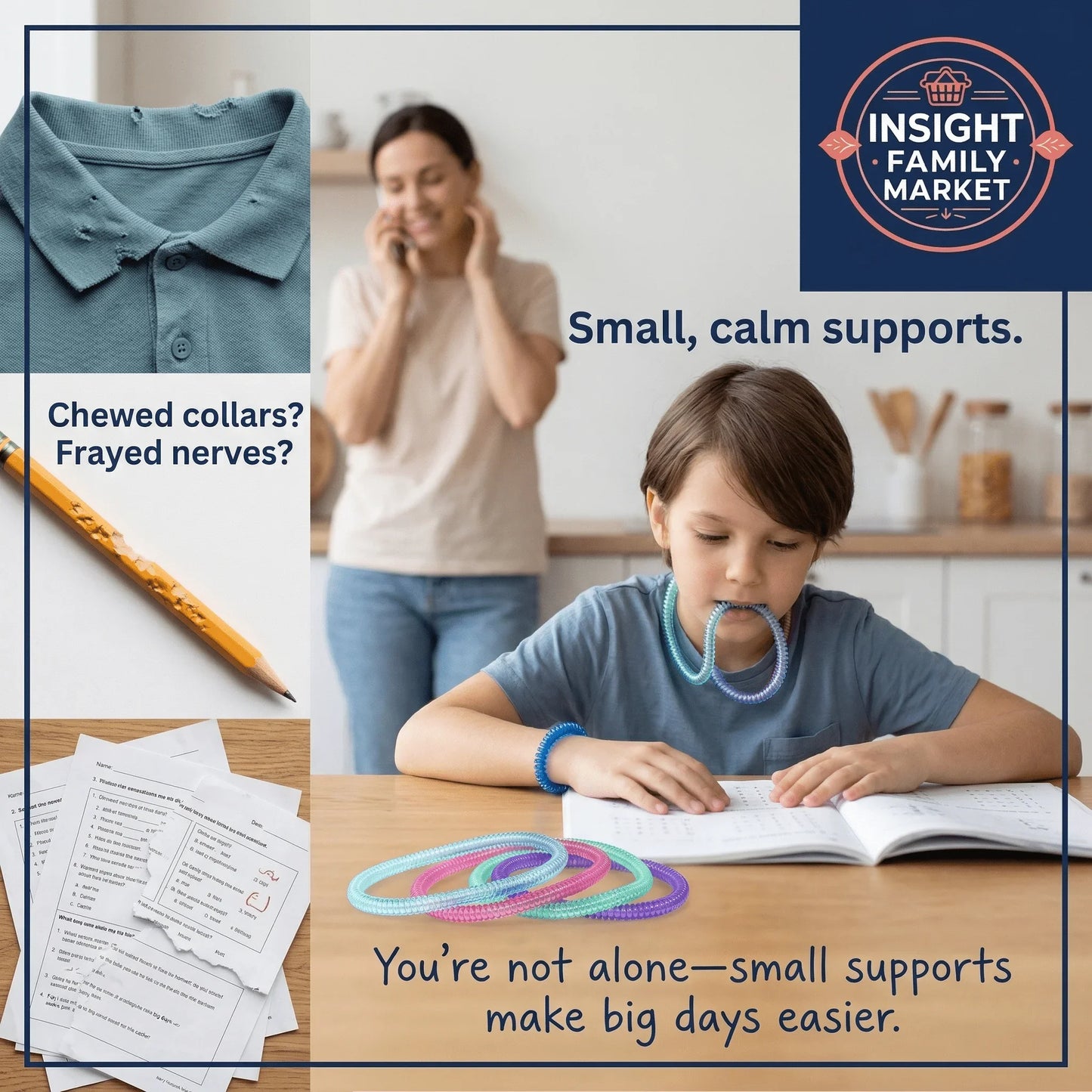 Child using sensory chew necklace while studying at table, sensory support tools visible, mother in background.