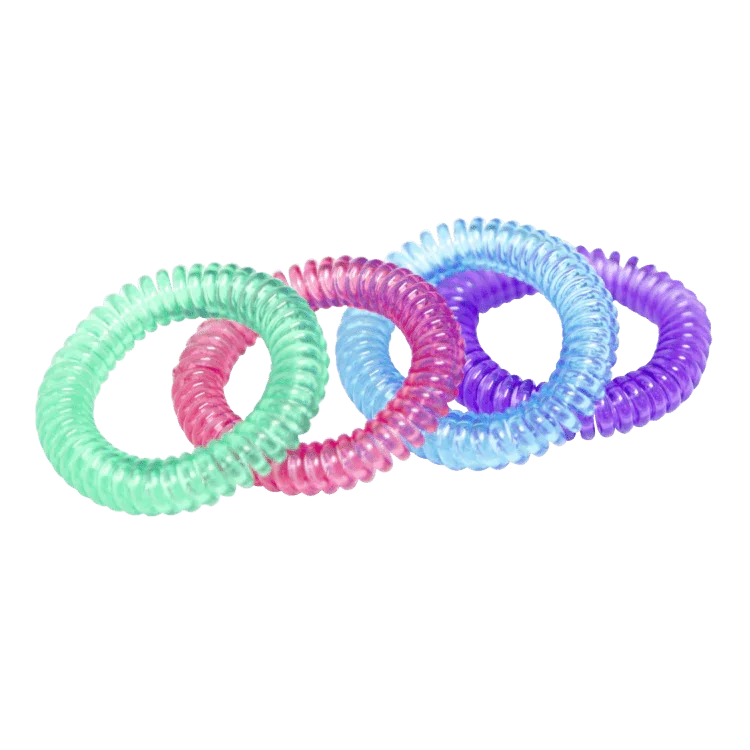 Four colorful sensory chewable bracelets in green, pink, blue, and purple.