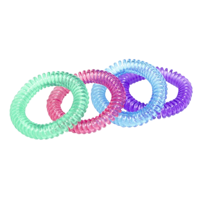Four colorful sensory chewable bracelets in green, pink, blue, and purple.