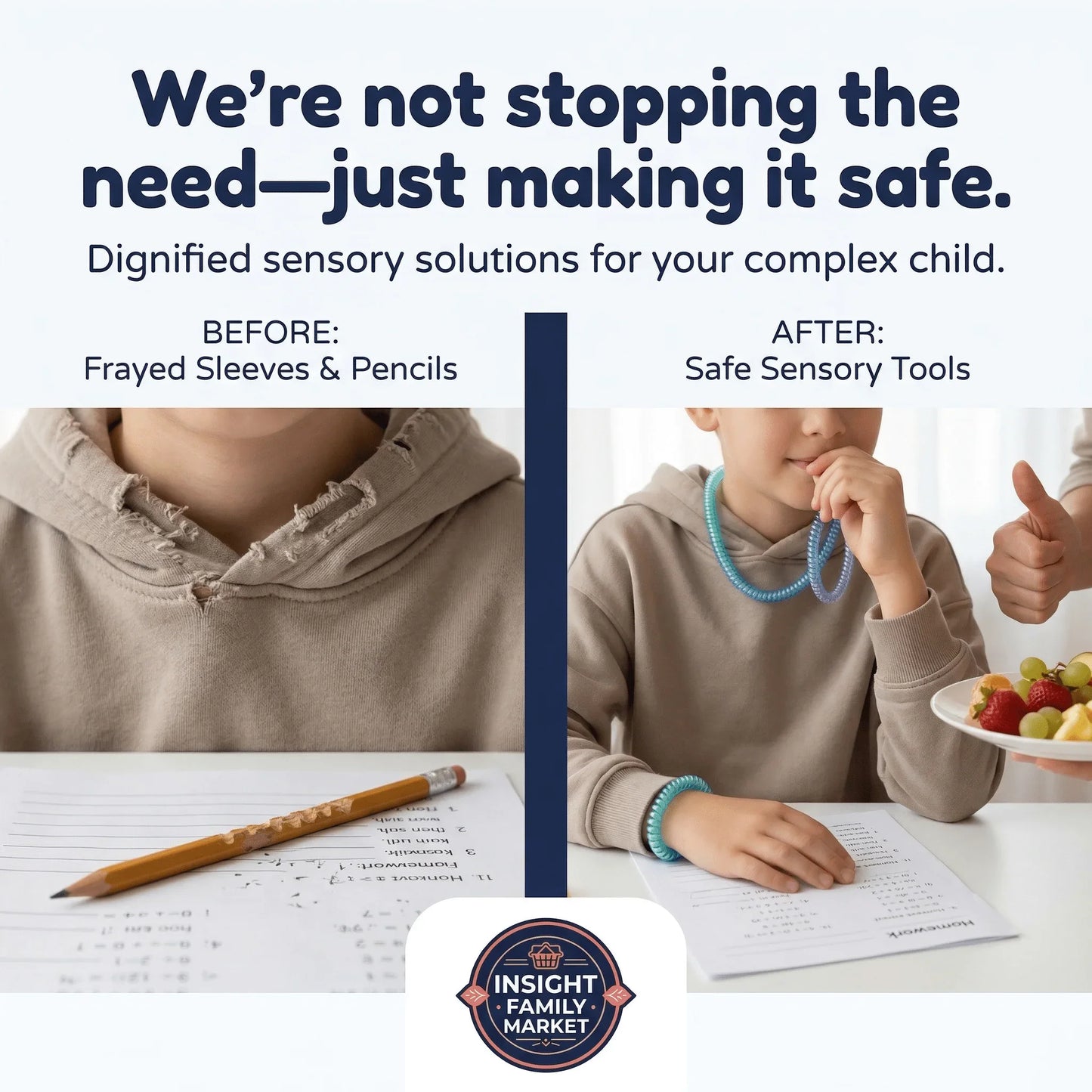 Comparison of a child with chewed hoodie sleeves and pencil versus using safe sensory chew tools.