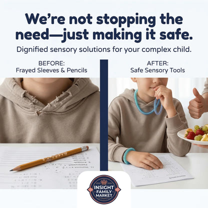 Comparison of a child with chewed hoodie sleeves and pencil versus using safe sensory chew tools.