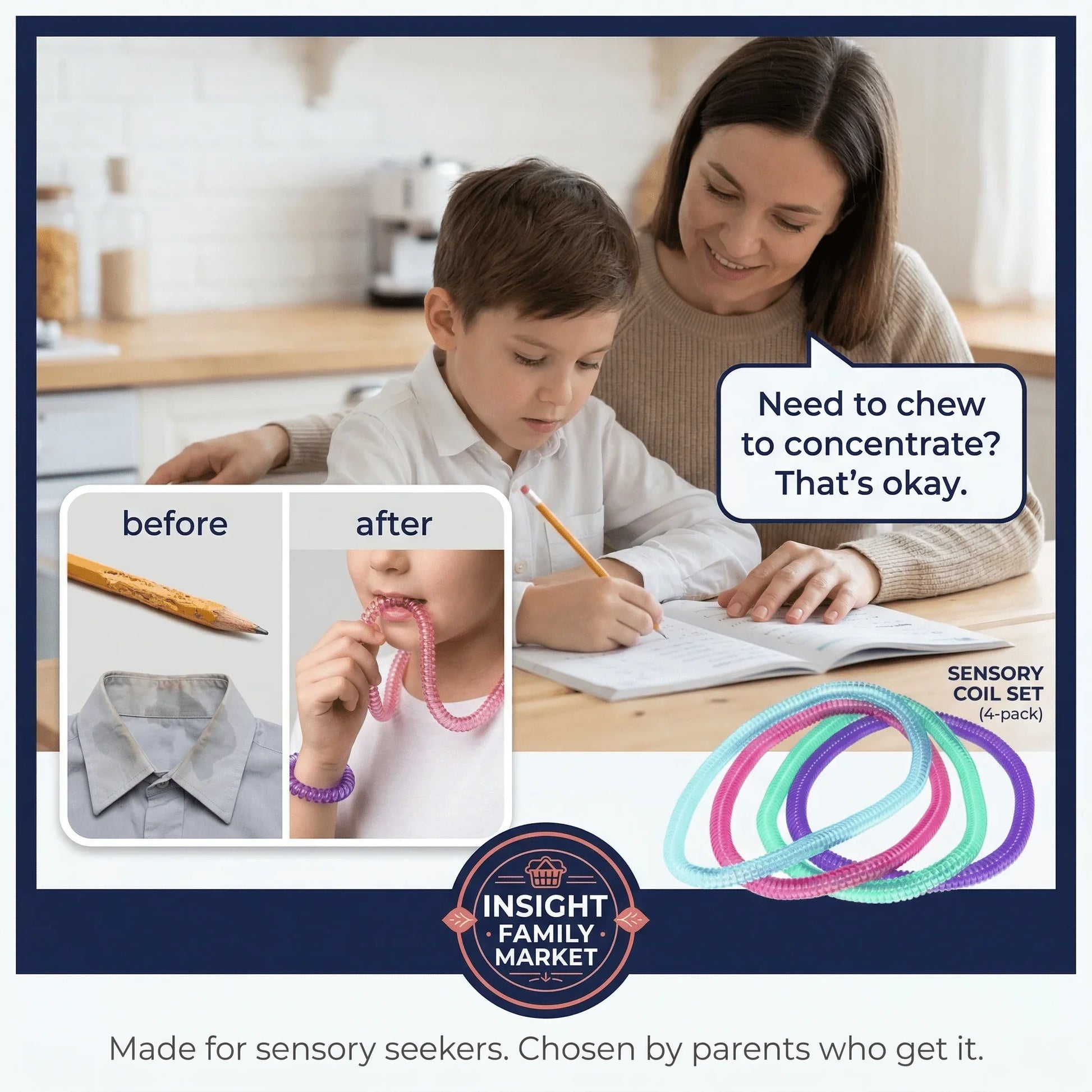 Sensory coil chewable bracelets for focus, shown with child using them to help concentrate.