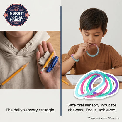 Child using colorful sensory chew necklaces for focus, helps with oral sensory needs at desk.