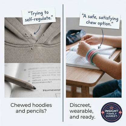 Comparison of chewed hoodie and pencil with child wearing sensory chewable bracelets for self-regulation.
