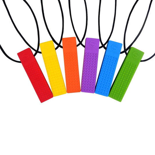 Colorful sensory chew necklace pendants in red, yellow, orange, purple, blue, and green