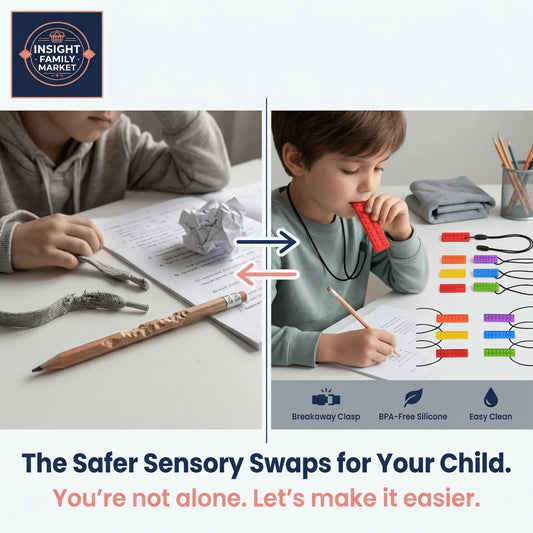 Child using sensory chew necklace while studying, colorful silicone chews shown on desk, safe sensory swap for focus
