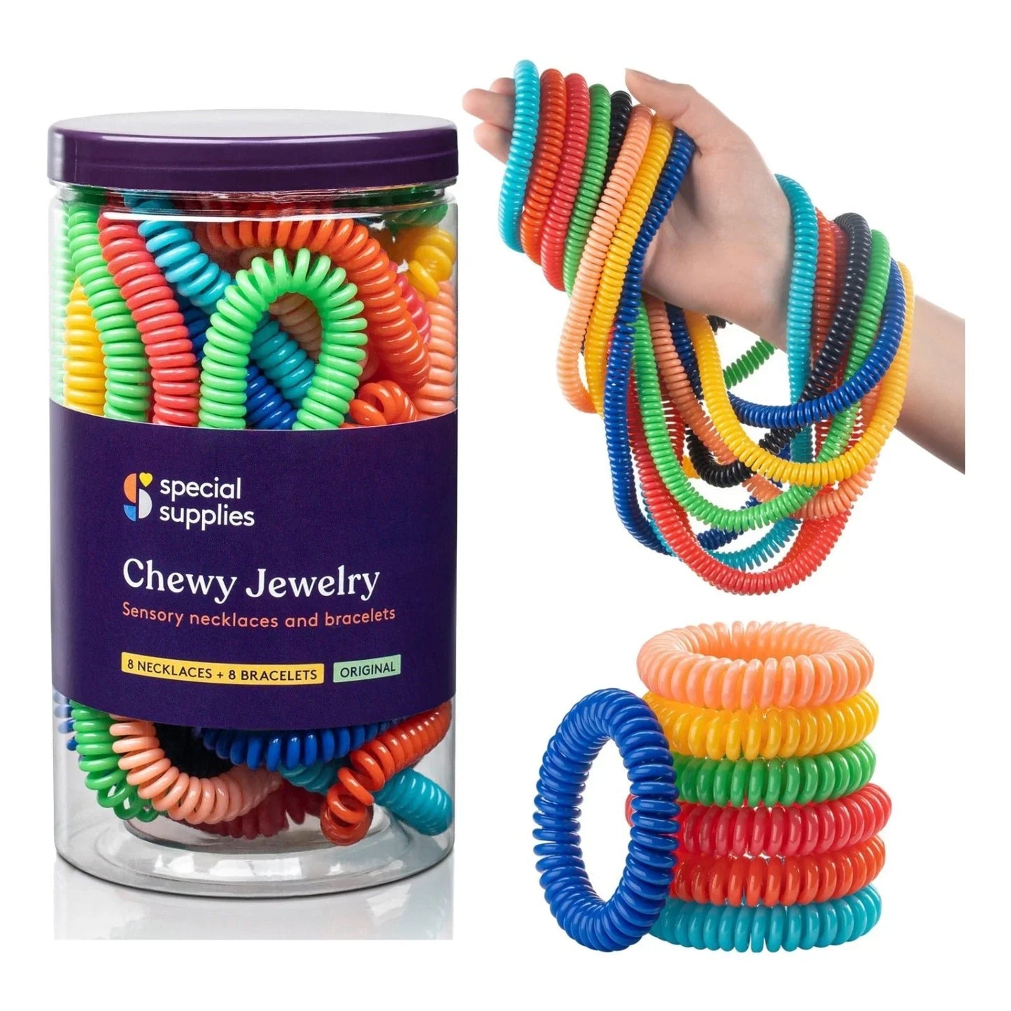 Colorful sensory chewy necklaces and bracelets for kids, shown in a jar and on a hand