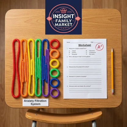 Sensory anxiety relief toys and worksheet on school desk, pencil, tools for ADHD and autism support