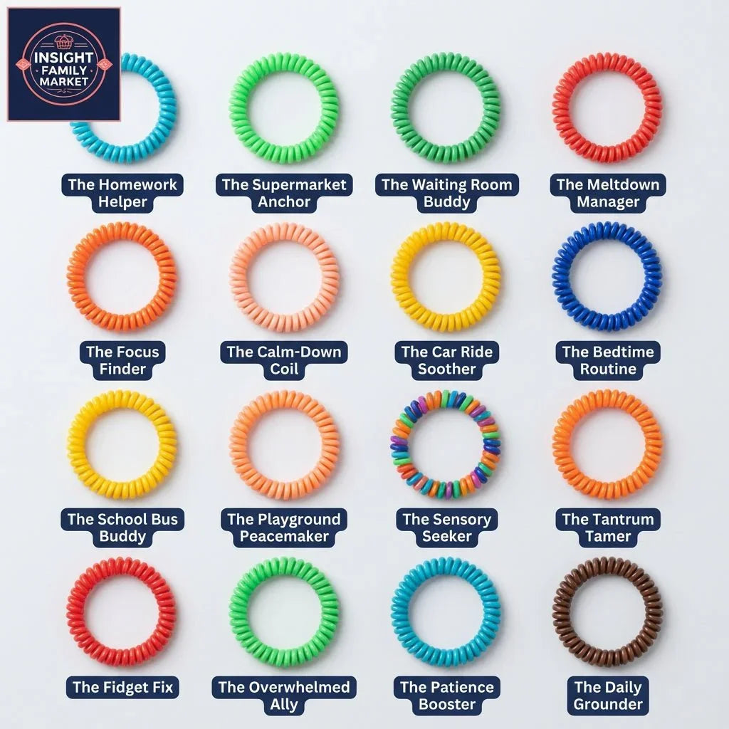 Colorful sensory support coils for focus, calming, and fidget needs, labeled for various uses.