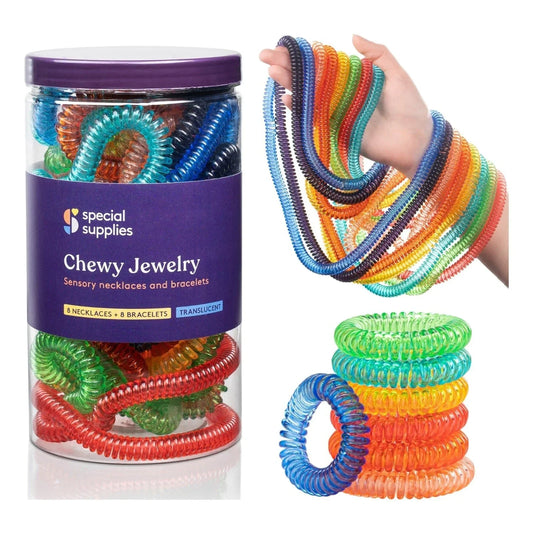 Translucent sensory chewy jewelry necklaces and bracelets in rainbow colors for sensory needs.