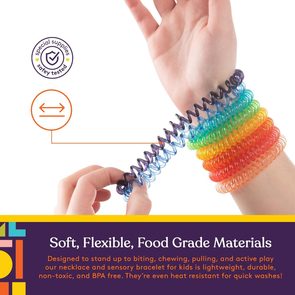 Special Supplies Chewy Jewelry Sensory Translucent Necklaces and Bracelets, 16 Pack, Soft and Flexible Silicone, Interactive Stress and Anxiety Relief for Kids, Supports ADD, ADHD, Autism - Insight Family Market