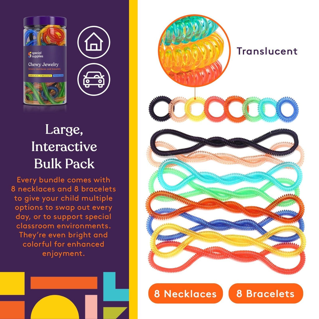 Special Supplies Chewy Jewelry Sensory Translucent Necklaces and Bracelets, 16 Pack, Soft and Flexible Silicone, Interactive Stress and Anxiety Relief for Kids, Supports ADD, ADHD, Autism - Insight Family Market