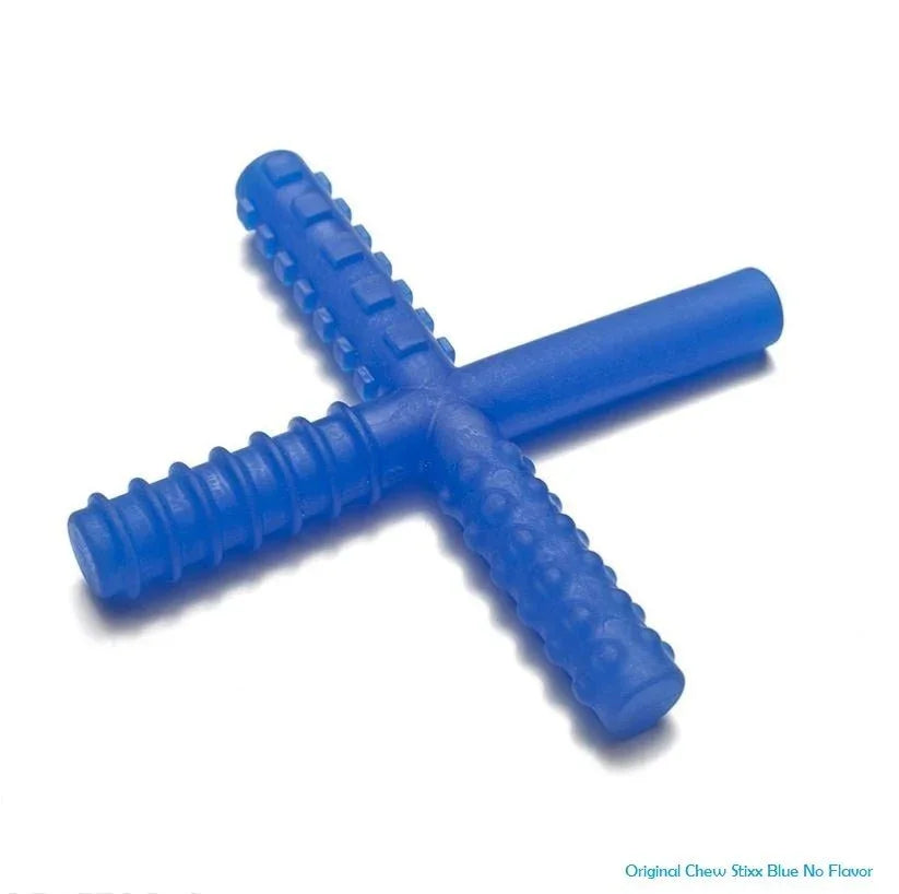 Blue sensory chew stick for oral motor therapy with textured surface, autism sensory tool