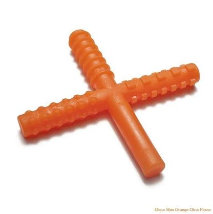 Orange sensory chew stick with textured surfaces for oral motor stimulation