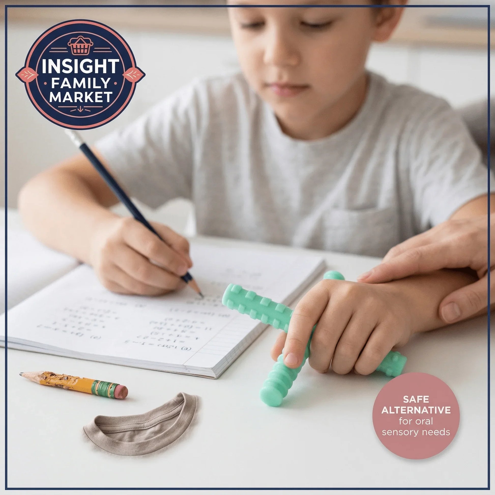 Child using oral sensory chew toy while studying, promoting focus and calm for sensory needs