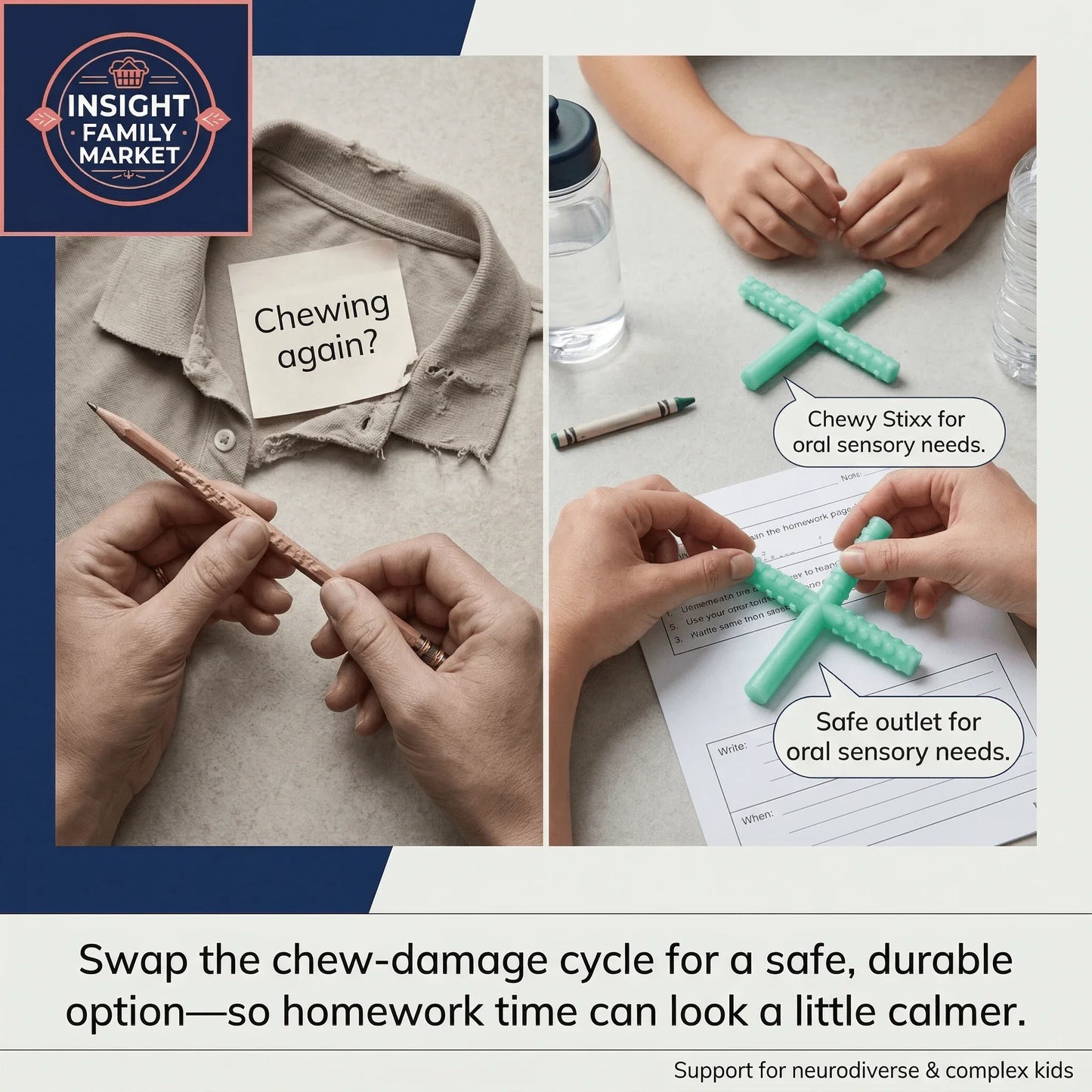 Chewy Stixx oral sensory tools on desk, replacing chewed shirt collar and pencil for kids' focus.
