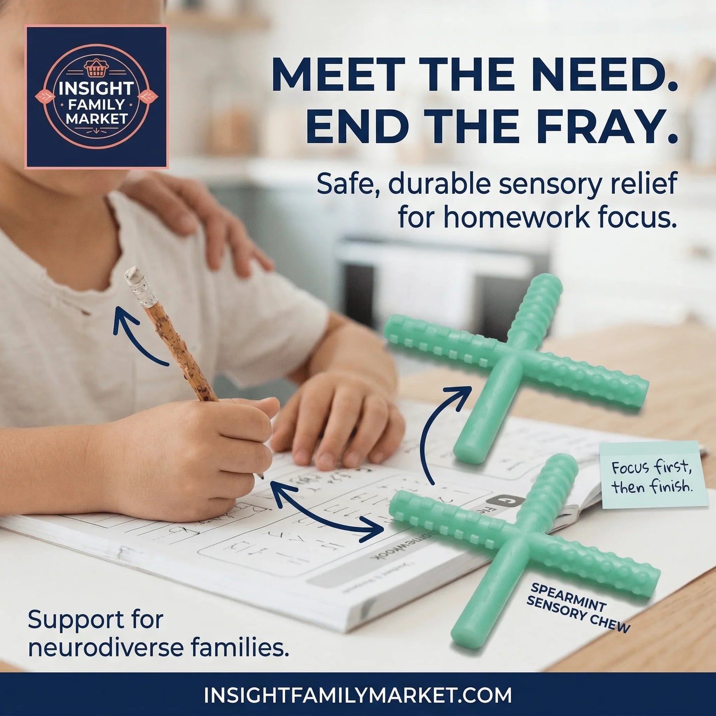 Child using spearmint sensory chew for focus during homework, sensory support tool for neurodiverse kids.