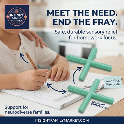 Child using spearmint sensory chew for focus during homework, sensory support tool for neurodiverse kids.