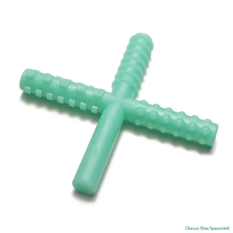 Spearmint green sensory chew stick with textured surfaces for oral motor support