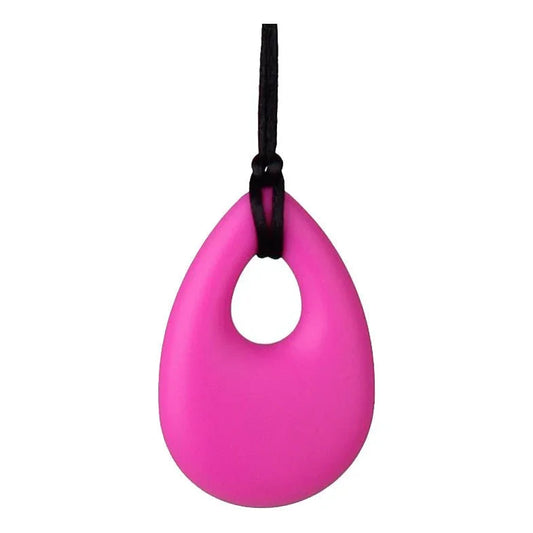 Pink sensory chew necklace with black cord for ADHD and autism support
