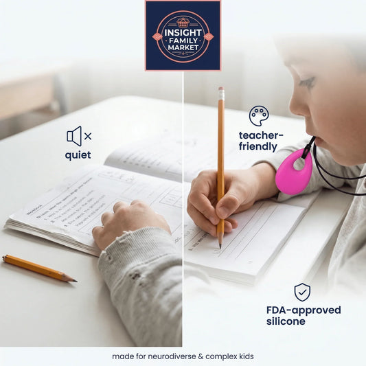 Child using a pink silicone chew necklace while writing in workbook, sensory tool for focus.