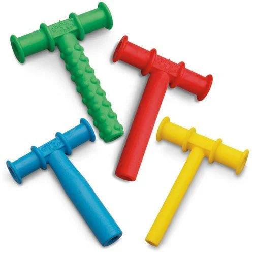 Set of four colorful chewy tubes for sensory oral motor therapy, autism, ADHD support