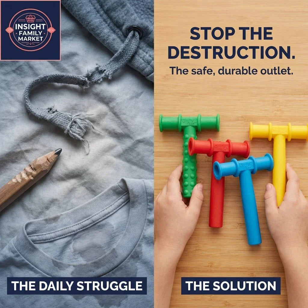 Damaged shirt and pencil beside sensory chew toys in kids’ hands, safe outlet for chewing.
