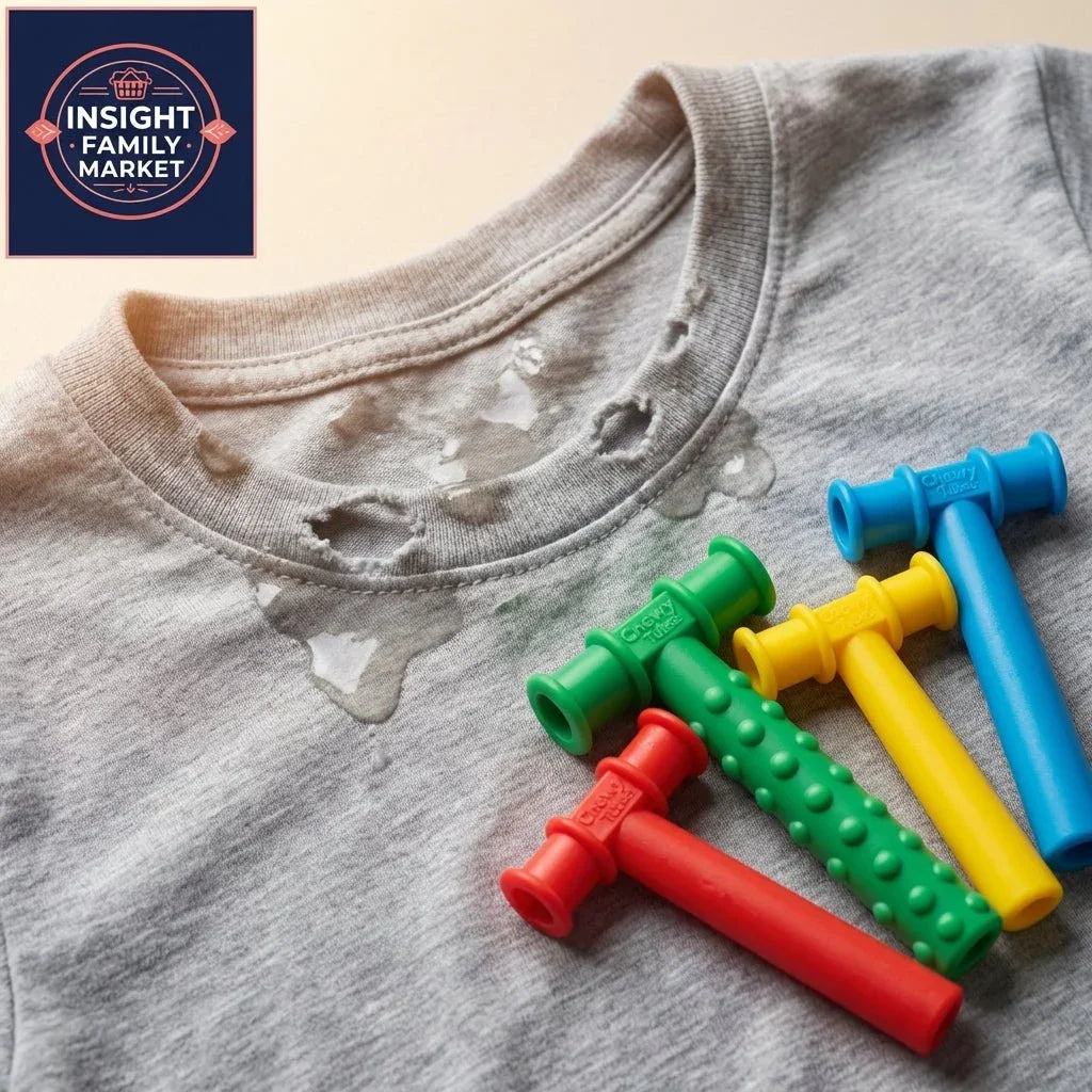 Gray shirt with chewed, wet collar and colorful sensory chew toys on top
