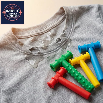 Gray shirt with chewed, wet collar and colorful sensory chew toys on top