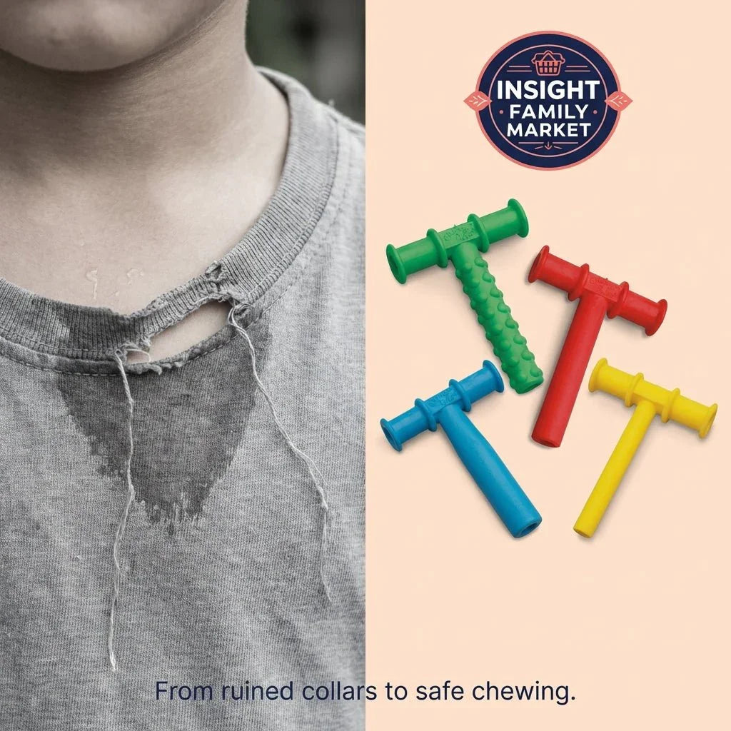 Torn shirt collar next to colorful sensory chew tools for kids and oral sensory needs.