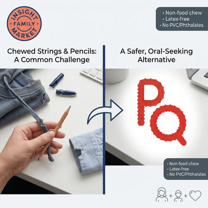 Comparison of chewed pencil and hoodie string with safe, red sensory chew tools on desk.