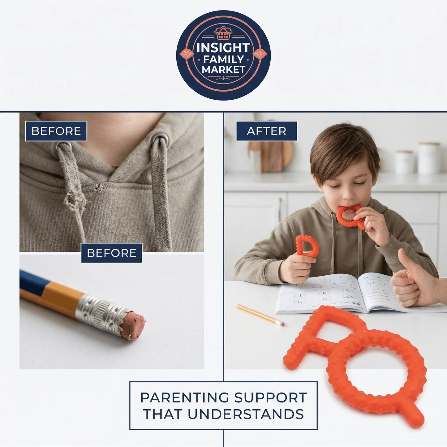 Child uses red sensory chew toys while studying, replacing chewed pencils and hoodie strings.