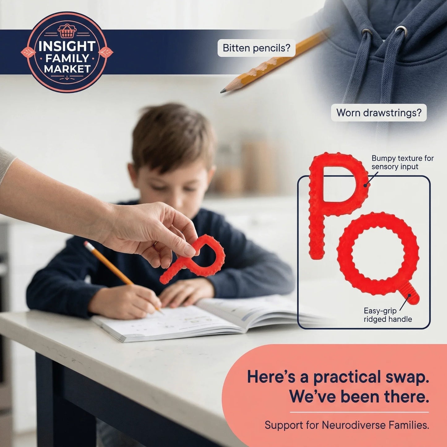Sensory chew tool with bumpy texture and easy-grip handle held near child doing homework.