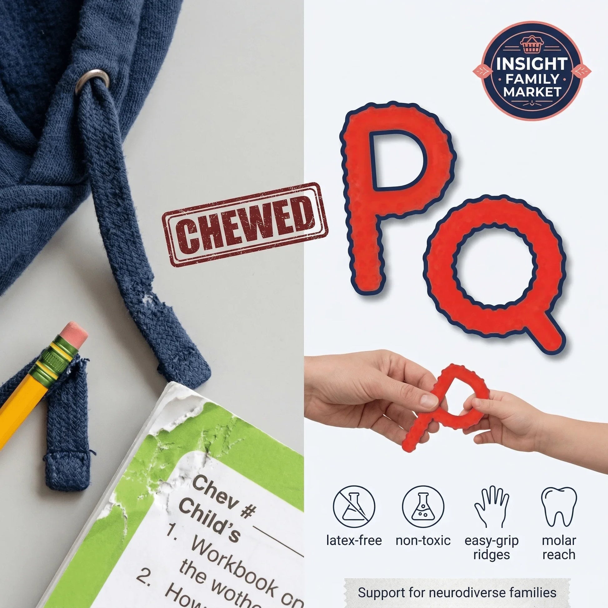 Latex-free, non-toxic oral sensory chew tools for neurodiverse kids, shaped as red letters P and Q.