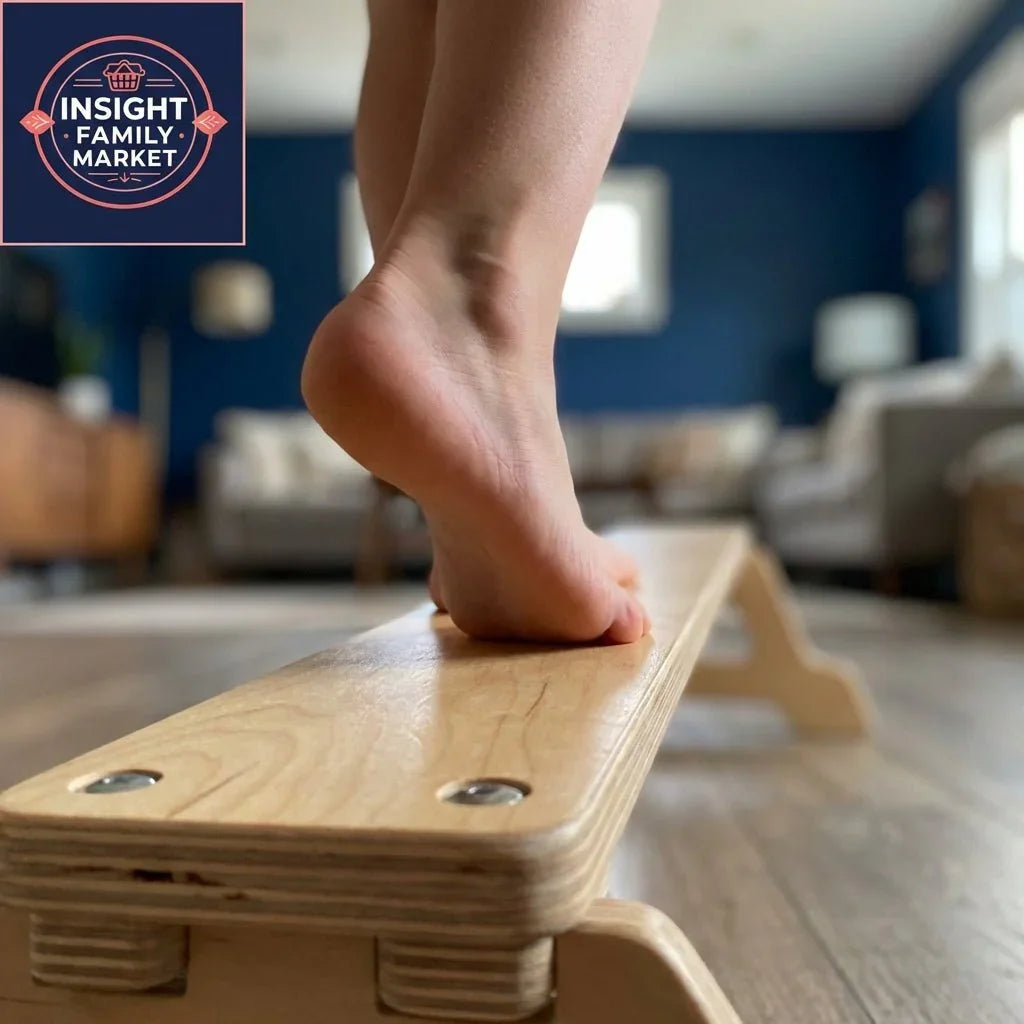 Child balancing barefoot on sensory wooden balance beam in living room