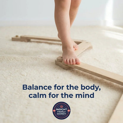 Child balancing on wooden sensory balance beam on soft carpet, promoting focus and calm
