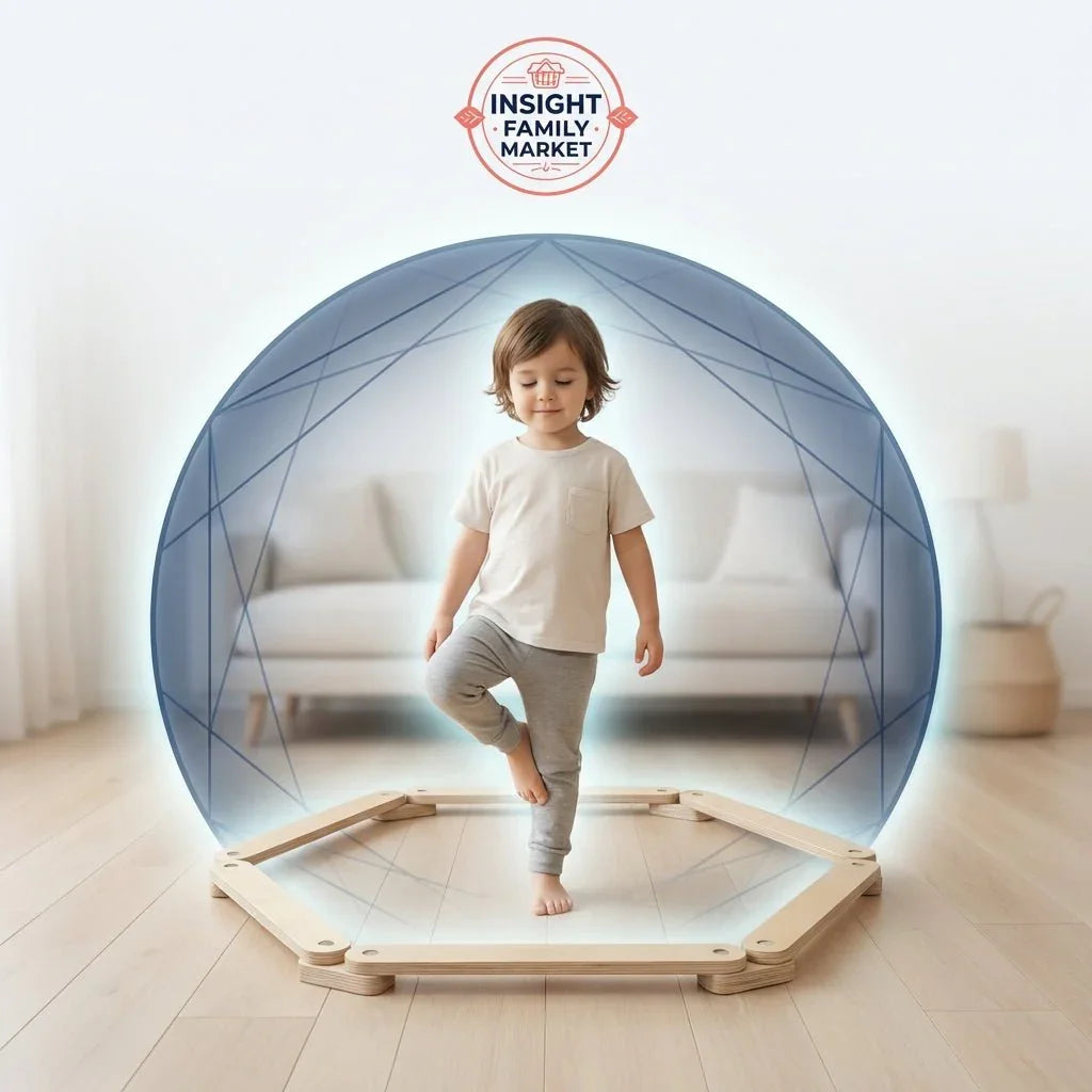 Young child practicing balance on sensory toy in calming home setting, neurodiversity support