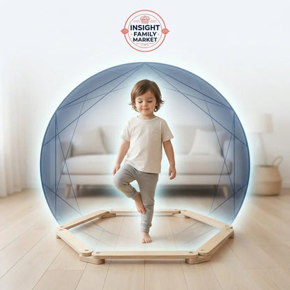 Young child practicing balance on sensory toy in calming home setting, neurodiversity support