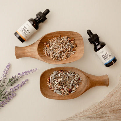 Herbal tinctures with dried calming herbs in wooden dishes, natural anxiety relief setting