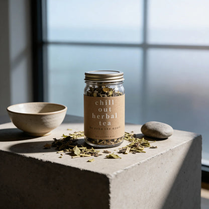 Jar of chill out herbal tea with loose leaves, ceramic bowl, and stone on a concrete surface