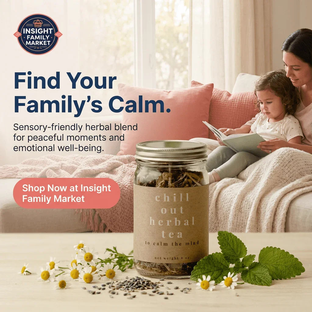 Mother and child reading on a cozy couch with jar of calming herbal tea and fresh herbs.
