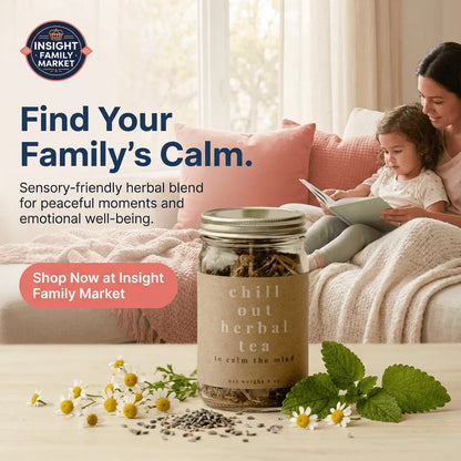 Mother and child reading on a cozy couch with jar of calming herbal tea and fresh herbs.