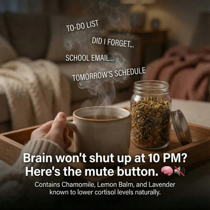 Cozy nighttime scene with herbal tea and a jar of dried chamomile, text promoting natural sleep support for busy minds.