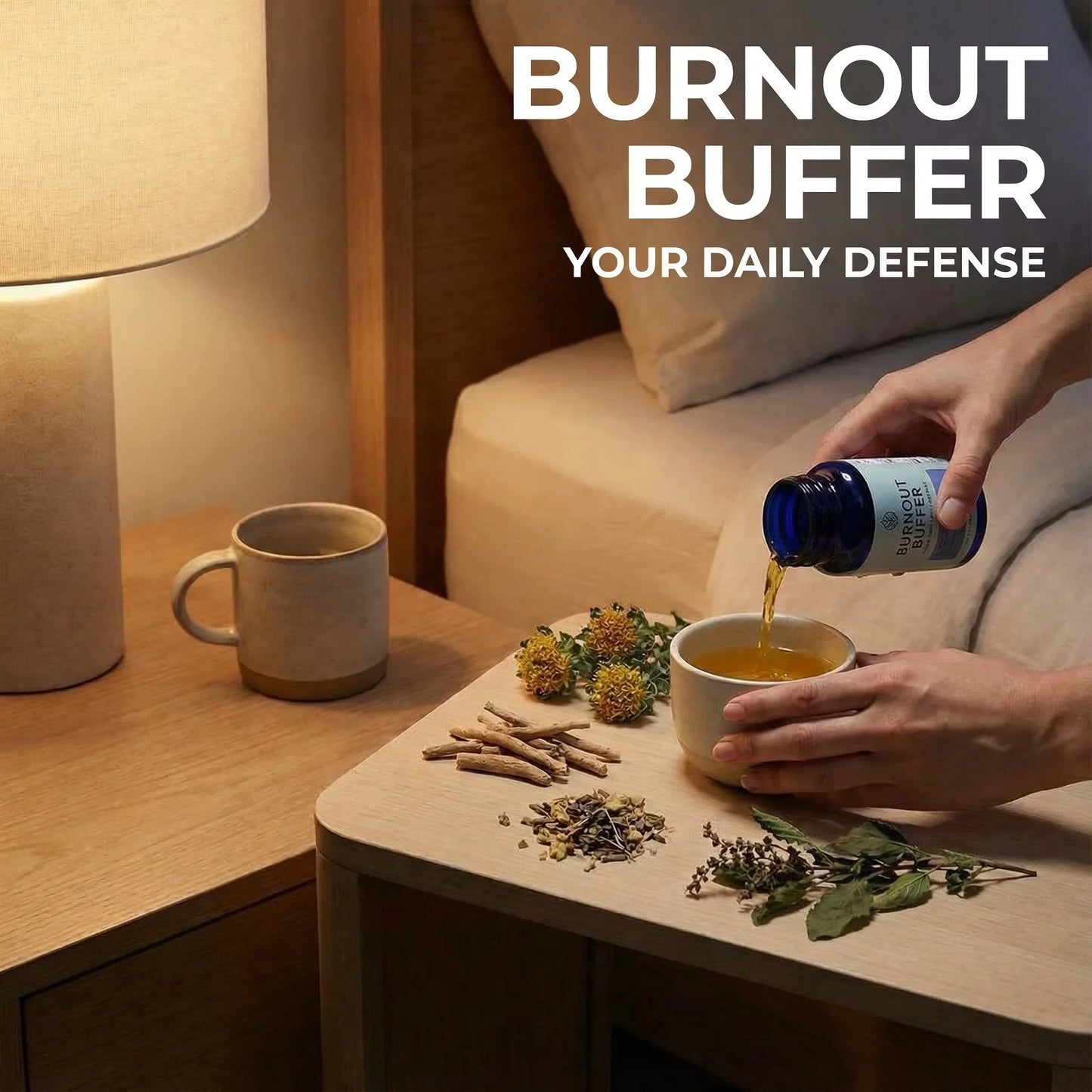 Person pouring Burnout Buffer supplement into a mug on a bedside table with calming herbs.