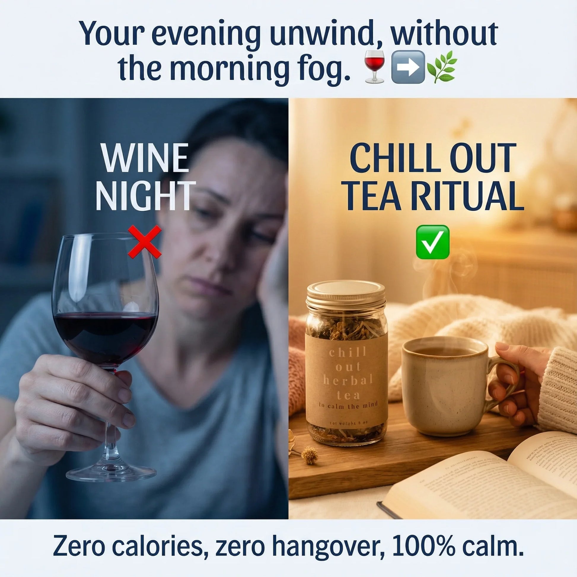 Split image comparing a tired woman with wine to a cozy tea ritual, promoting herbal tea for evening relaxation.