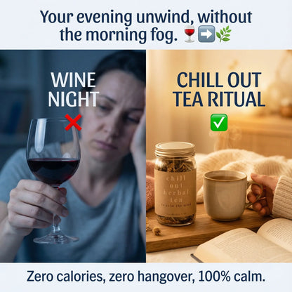 Split image comparing a tired woman with wine to a cozy tea ritual, promoting herbal tea for evening relaxation.