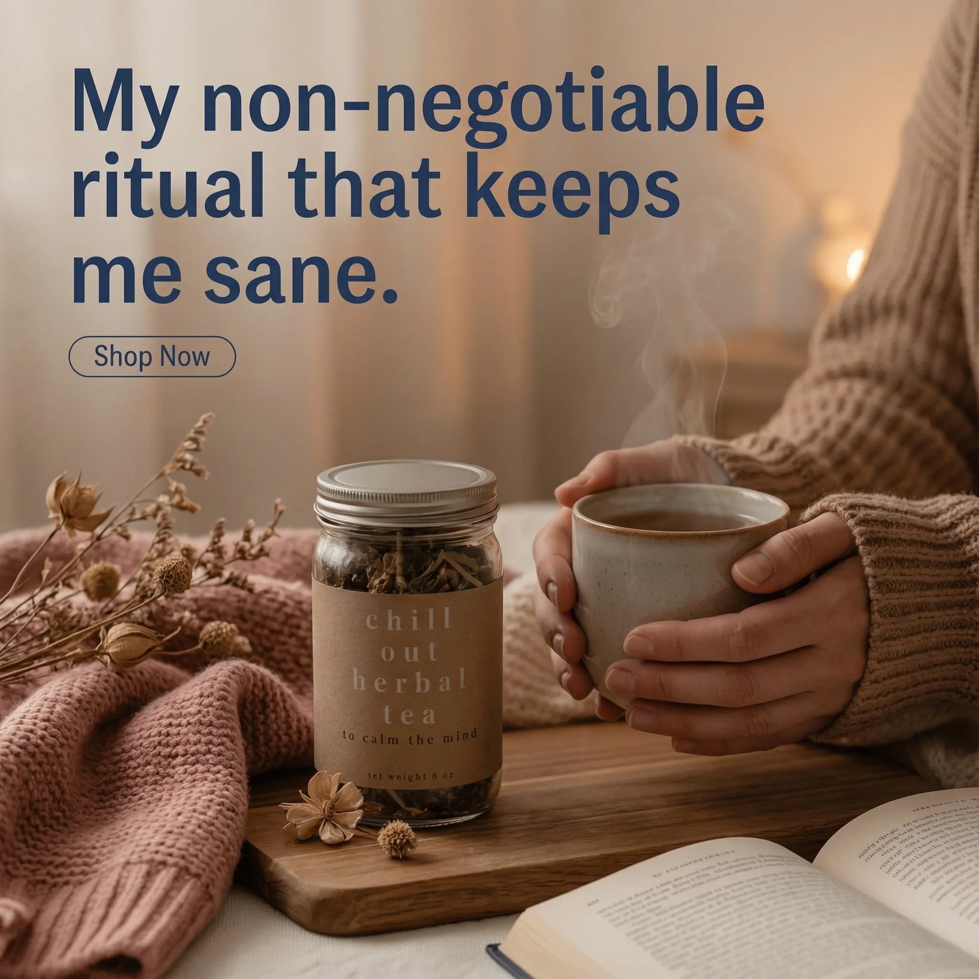 Hands holding a mug of herbal tea next to a jar labeled 'chill out herbal tea' on cozy table.