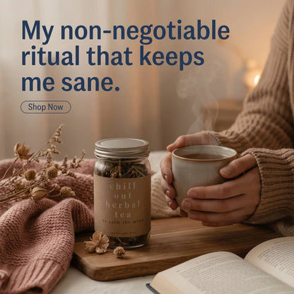 Hands holding a mug of herbal tea next to a jar labeled 'chill out herbal tea' on cozy table.