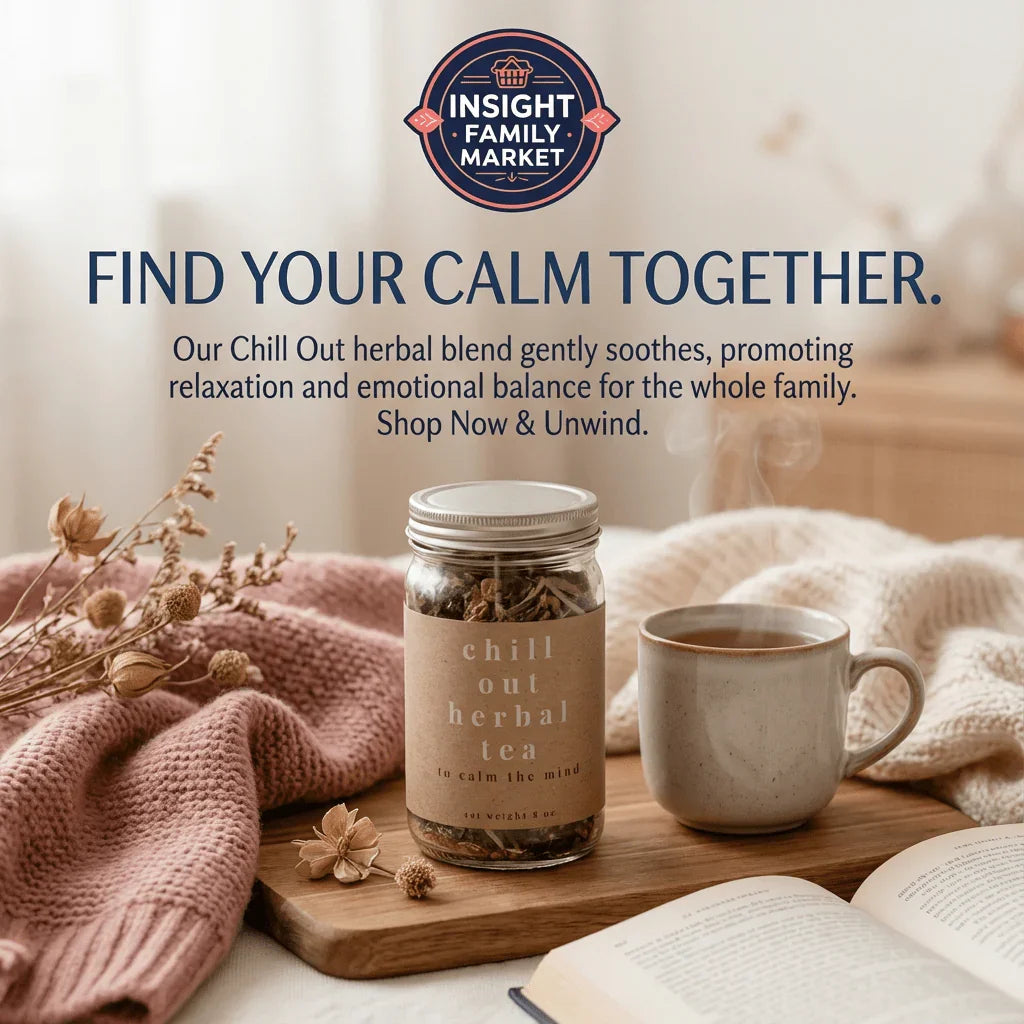 Chill Out herbal tea jar with steaming mug, cozy blanket, dried flowers, and open book for relaxation