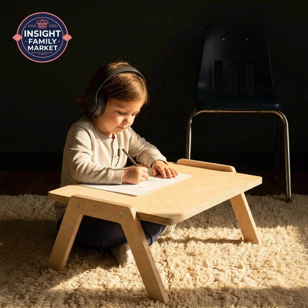 Young child with headphones drawing at a wooden sensory desk on a soft rug, focused learning environment